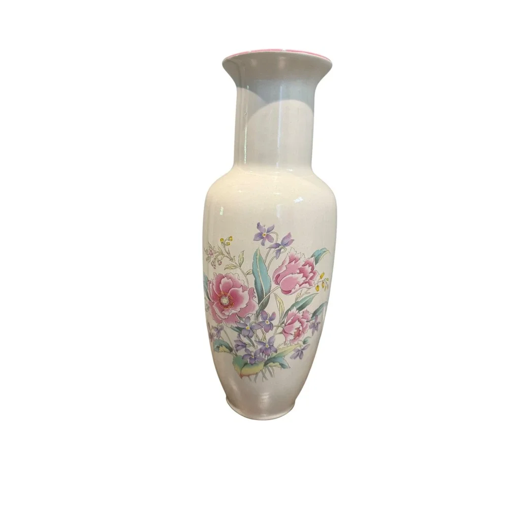 Lozapenco‎ Chile Vintage Floral Ceramic Vase Pink Peony White 11 Inch Baluster